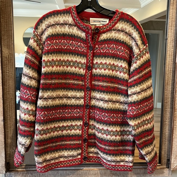 Vintage Crystal Kobe Shetland Wool Sweater Nordic Red Fair Isle Womens Small - Picture 6 of 16